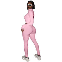 Light Pink Cotton Blend Zipper Datail Long Sleeve Top with Pant Set TQK710132-39