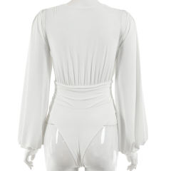 White Deep V Neck Pleated Long Sleeve Bodysuit TQK550214-1