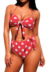 Red White Polka Dot Print Bow Tie Halter Bikini Set