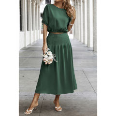 Dark Green Pleated Crop Top with Skirt Set TQX711094-36