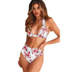 Pink Floral Print Halter 2pcs Bikini Swimsuit