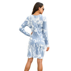 Navy Blue Tie Dye Print Long Sleeve Dress TQK310360-34