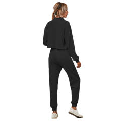 Black Zipper Up Leopard Detail Sweatshirt with Pant Set TQK710222-2