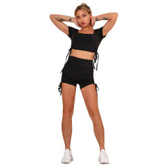 Black Sides Drawstring Short Sleeve Yoga Short Set TQK710241-2