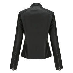Black Slim Fit Stand Collar PU Motorcycle Jacket TQK280091-2