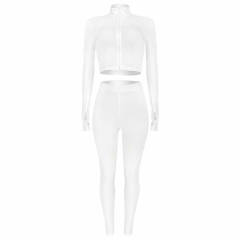 White Cotton Blend Zipper Datail Long Sleeve Top with Pant Set TQK710132-1