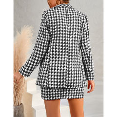 Black Plaid Print Blazer and Button Split Skirt Set TQF711046-2