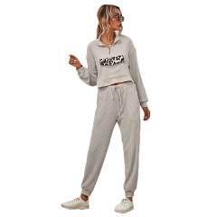 Light Gray Zipper Up Leopard Detail Sweatshirt with Pant Set TQK710222-25