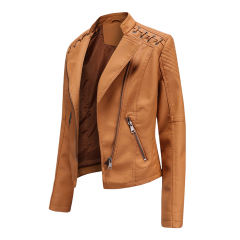 Camel Zipper Slim Fit Motorcycle PU Leather Jacket TQK280090-58