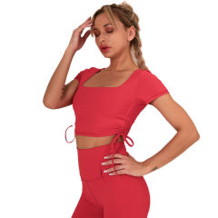 Red Sides Drawstring Short Sleeve Yoga Short Set TQK710241-3