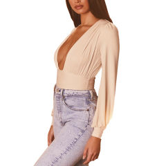 Khaki Deep V Neck Pleated Long Sleeve Bodysuit TQK550214-21