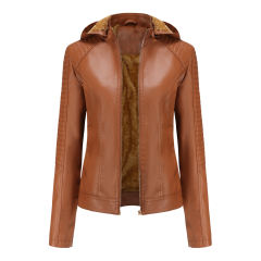 Camel Fleece Lined Plus Size PU Leather Jacket TQK280097-58