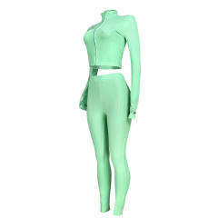 Light Green Cotton Blend Zipper Datail Long Sleeve Top with Pant Set TQK710132-28