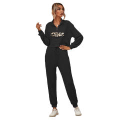 Black Zipper Up Leopard Detail Sweatshirt with Pant Set TQK710222-2