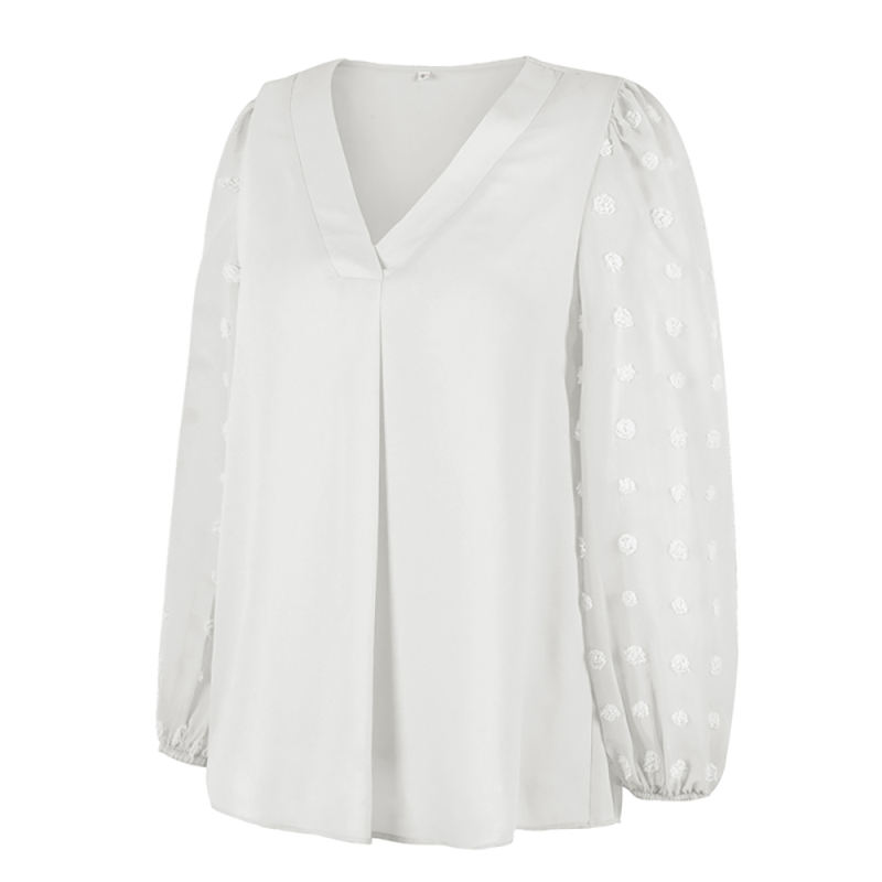 White V Neck Chiffon Long Sleeve Blouse TQK210640-1