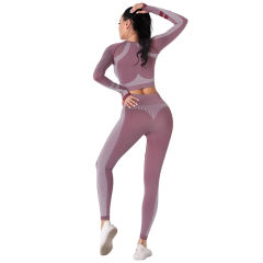 Wine Red Seamless Knit Long Sleeve Pant Yoga Set TQE91372-103