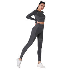 Black Seamless Knit Long Sleeve Pant Yoga Set TQE91372-2