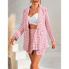 Pink Plaid Print Blazer and Button Split Skirt Set TQF711046-10