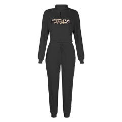 Black Zipper Up Leopard Detail Sweatshirt with Pant Set TQK710222-2
