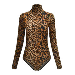 Dark Coffee Leopard Print Turtleneck Bodysuit TQK00228-15B