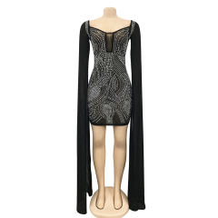 Black Mesh Rhinestone Cape Style long Sleeve Dress TQK310774-2