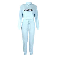 Light Blue Zipper Up Leopard Detail Sweatshirt with Pant Set TQK710222-30
