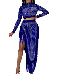 Blue Rhinestone Long Sleeve Crop Tops and Tassels Skirt Set TQV810016-5