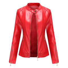 Red Stand Collar Zipper Detail PU Leather Jacket TQK280094-3