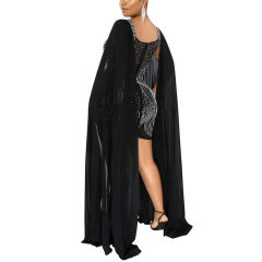 Black Mesh Rhinestone Cape Style long Sleeve Dress TQK310774-2