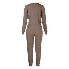 Coffee Zipper Up Leopard Detail Sweatshirt with Pant Set TQK710222-15
