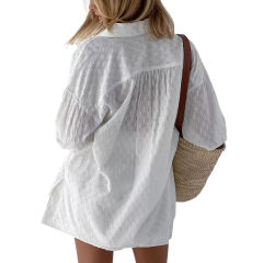 White Hollow-out Jacquard Long Sleeve Shirt with Shorts Set TQF711040-1