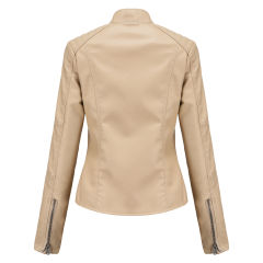 Apricot Slim Fit Stand Collar PU Motorcycle Jacket TQK280091-18