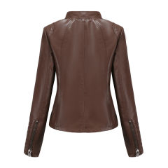 Coffee Zipper Pockets Long Sleeve PU Leather Jacket TQK280093-15