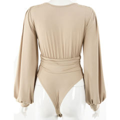Khaki Deep V Neck Pleated Long Sleeve Bodysuit TQK550214-21
