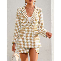 Khaki Plaid Print Blazer and Button Split Skirt Set TQF711046-21