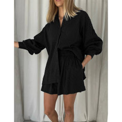 Black Hollow-out Jacquard Long Sleeve Shirt with Shorts Set TQF711040-2