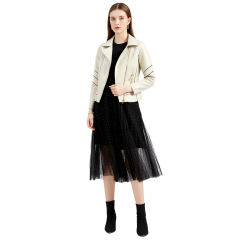 Beige Turn Down Slim Fit PU Leather Jacket TQK280095-46