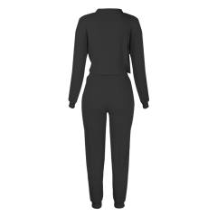 Black Zipper Up Leopard Detail Sweatshirt with Pant Set TQK710222-2