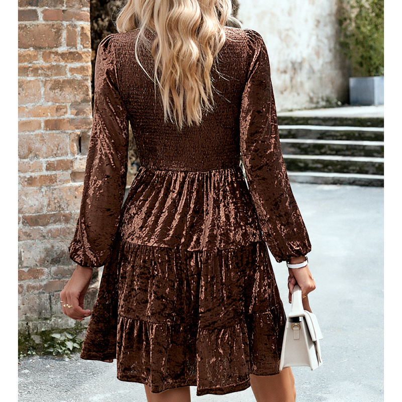 Brown Velvet Pleated Long Sleeve Dress
