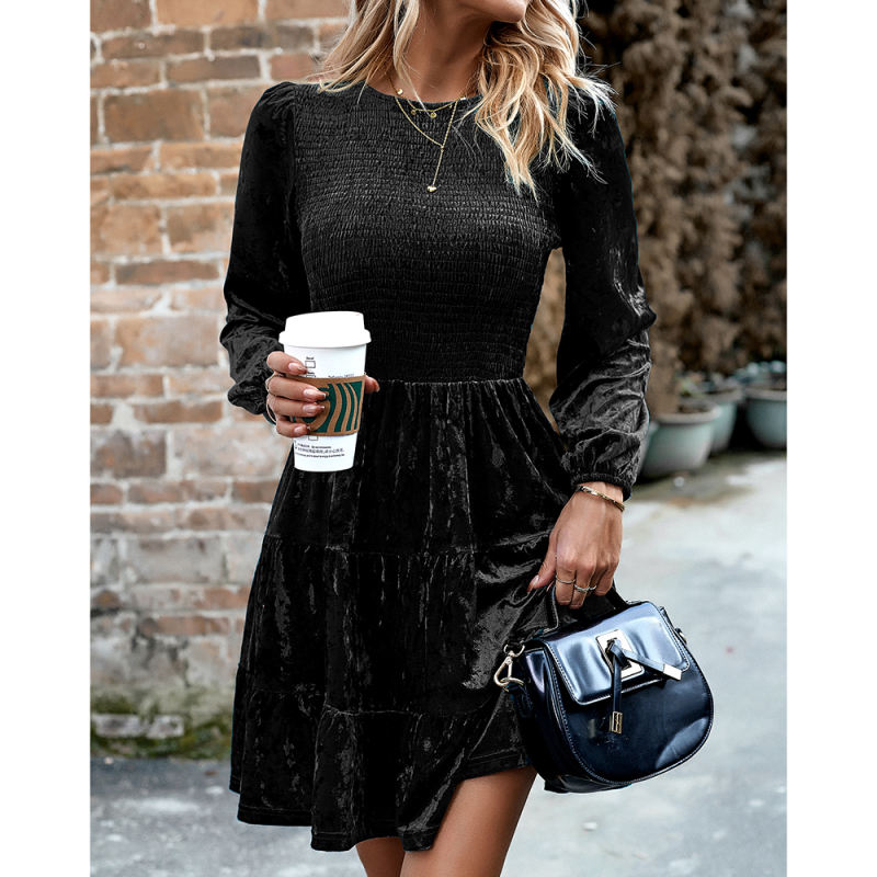 Black Velvet Pleated Long Sleeve Dress