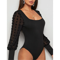 Black Square Neck Swiss Dot Long Sleeve Bodysuit TQL550096-2