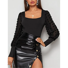 Black Square Neck Swiss Dot Long Sleeve Bodysuit TQL550096-2