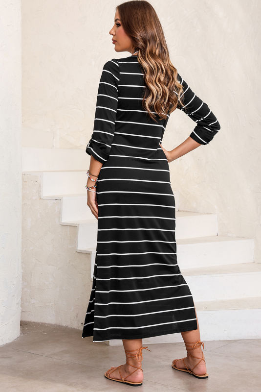 Black Striped Casual Slit Long Dress