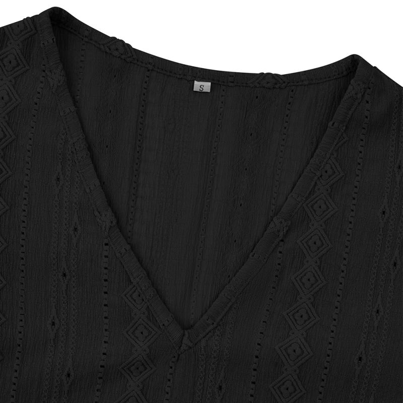 Black Embossed V Neck Pleated Cuffs Long Sleeve Top
