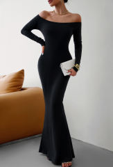 Black Off Shoulder Long Sleeve Maxi Dress