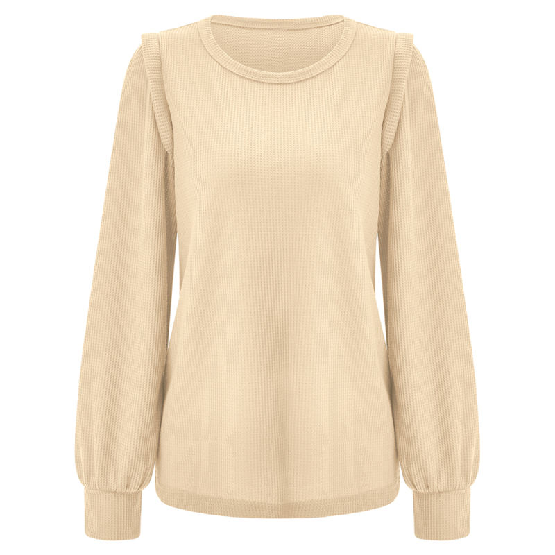 Apricot Round Neck Waffle Long Sleeve Tops