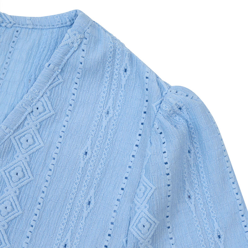 Blue Embossed V Neck Pleated Cuffs Long Sleeve Top