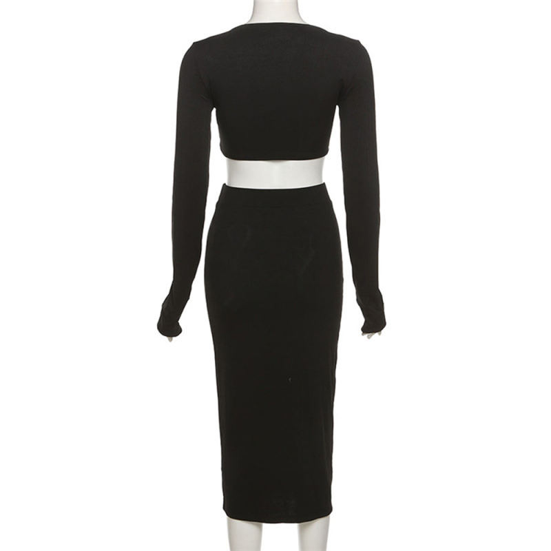 Black V Neck Long Sleeve Crop and Split Skirt Set