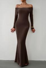 Coffee Off Shoulder Long Sleeve Maxi Dress