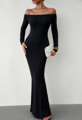 Black Off Shoulder Long Sleeve Maxi Dress